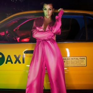 Kourtney x prettylittlething satin pink jumpsuit